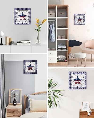 Miniatura 4 de 4th of July Wooden Wall Clock Silent Non Ticking, American Flag Star on Wood Blue Checkered Square Wall Clock Battery Operated, Decor Clock for Home
