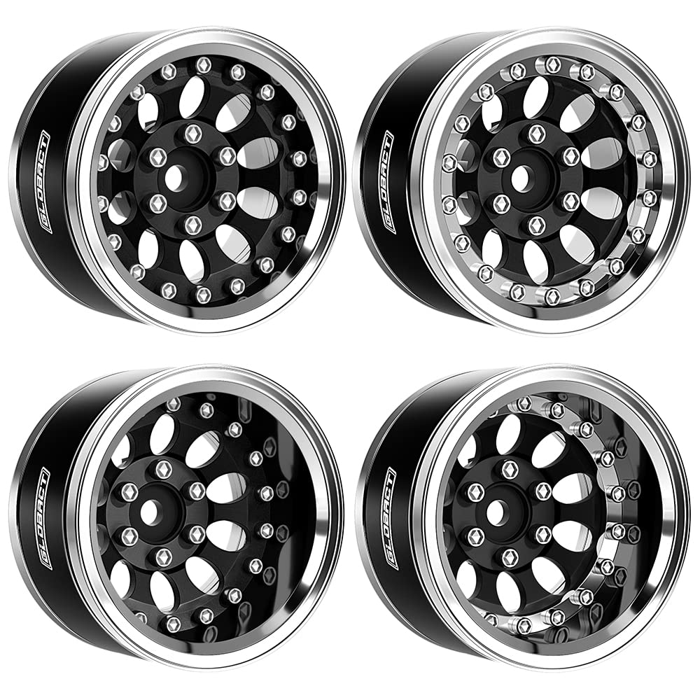 GLOBACT Aluminum 1.9 Inch Beadlock Wheels Adjustable Offset for 1/10 TRX4 TRX6 Axial SCX10 I II III 90046 AXI03007 Redcat GEN7 GEN8 RC Crawler (4Pcs Black)
