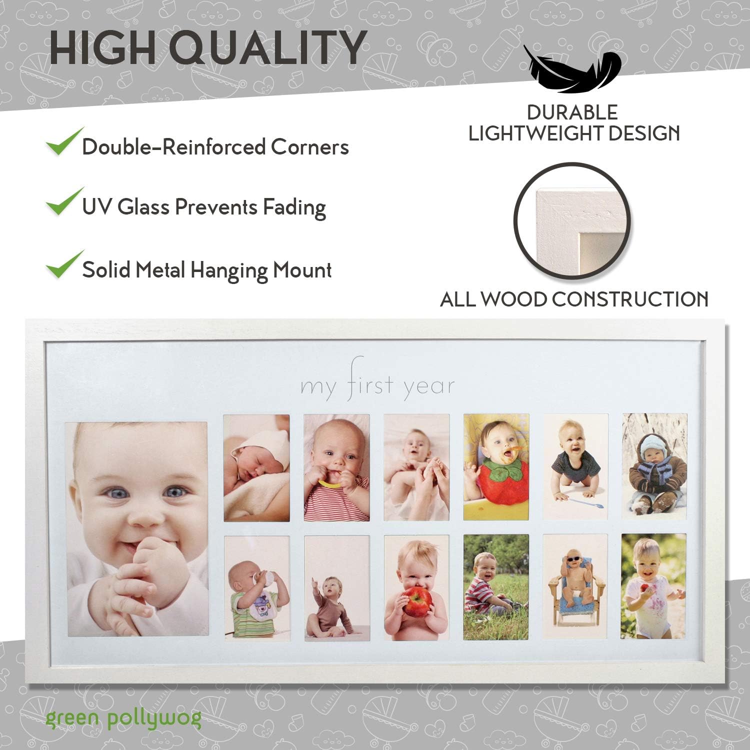 Green Pollywog | Baby's First Year Frame | Collage Frame For Baby In White | 12 Month Picture Frame | Milestone Photo Frame | First Year Picture Mat | Baby Picture Frame | My First Year Picture Frame