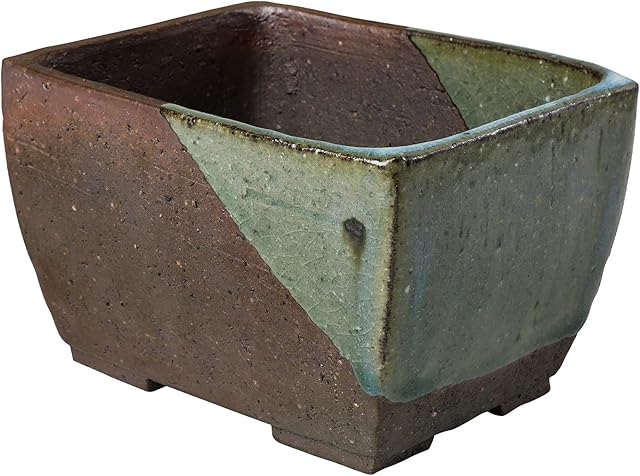 Wazakura Ceramic Handmade Rectangular Glazed Bonsai Pot with Drainage Holes Ceramic Tokoname Series 5.3" (135mm) MADE IN JAPAN, Small Garden Container Decorative Flower Planter - Brown Green