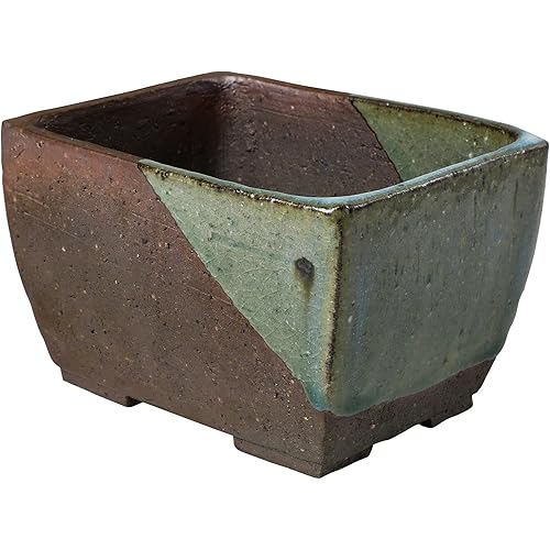 Wazakura Tokoname Series Small Handmade Rectangular Glazed Bonsai Pot with Drainage Holes 5.3 in (135 mm) Made in Japan, Ceramic Training Container and Planter - Brown Green