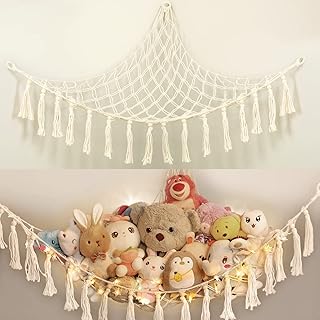 Boho Stuffed Animal Hammock with LED Light，Stuffed Animal Storage for Girls Room Decor and Nursery Decor,Stuffed Animal Net for Baby Room Decor and Toddler Room Decor for Girls