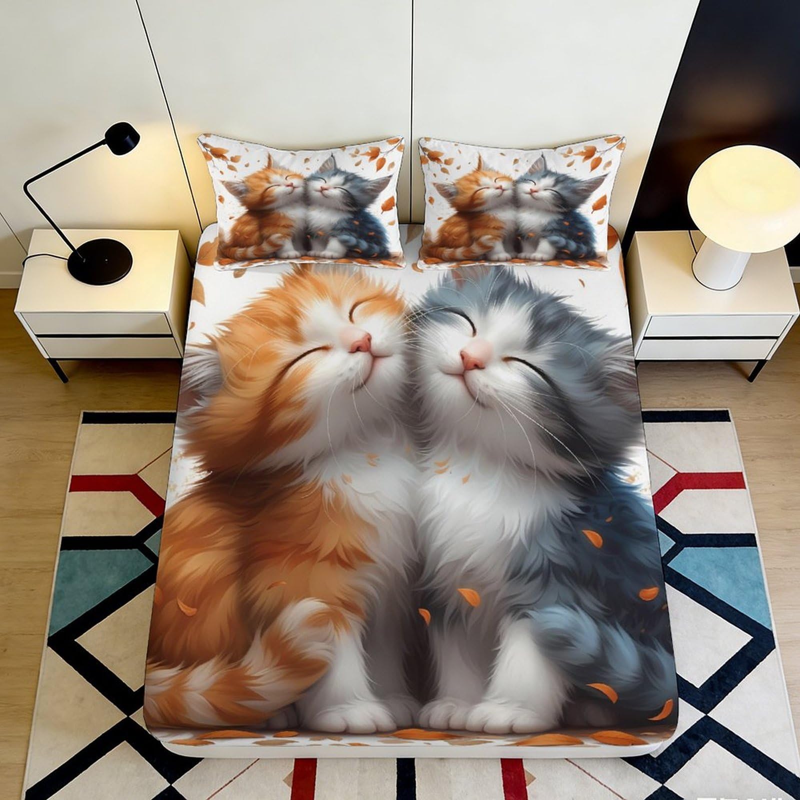 3D Printed Cute Cat Fitted Sheet Microfiber Soft Breathable Cartoon Kitten Mattress Cover for Bedroom Decor 90x200x25cm