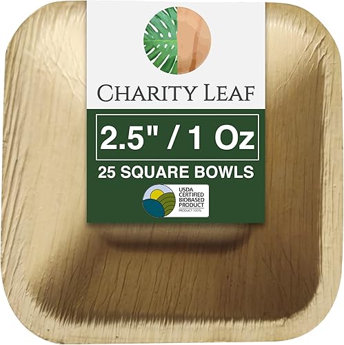 Charity Leaf Mini tazón cuadrado de hoja de palma desechable de 2.5 pulgadas (25 piezas)  Como bambú  Todo natural y biodegradable  Tablas de