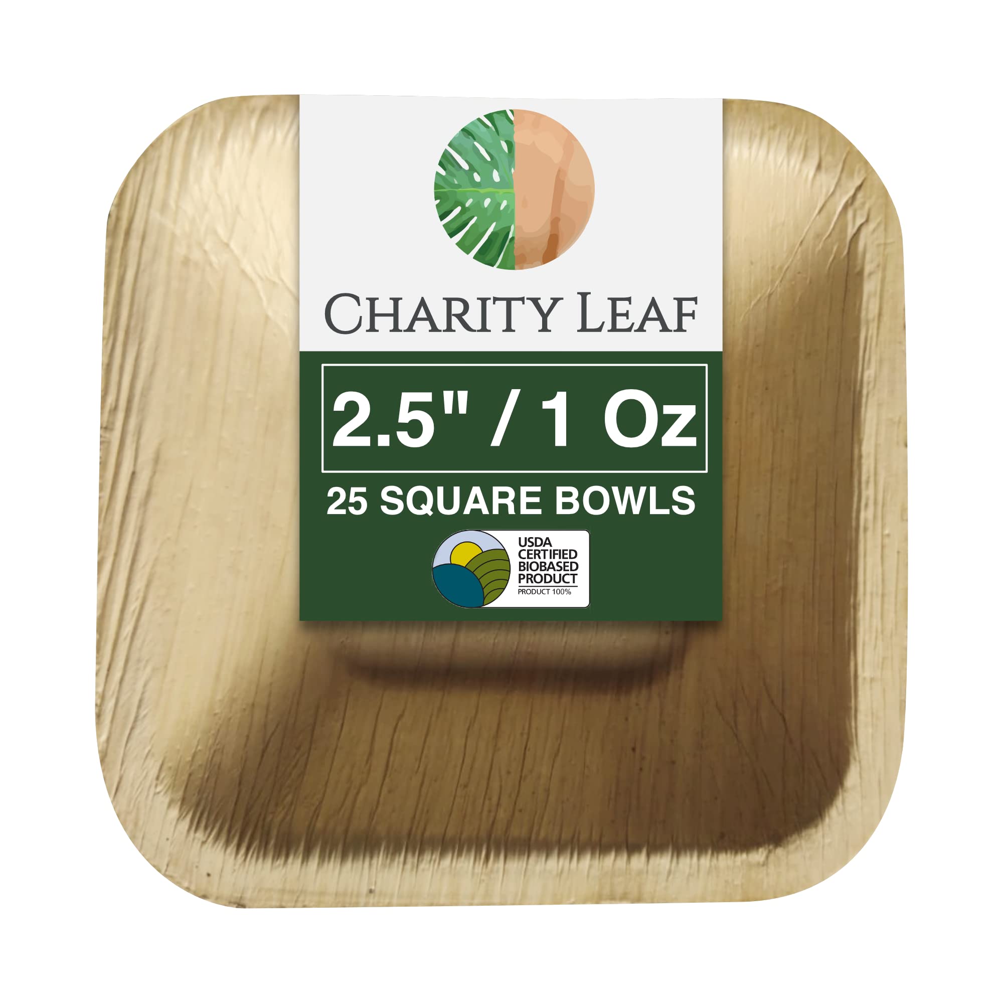 Charity Leaf Disposable Palm Leaf 2.5" Square Mini Bowl (25 pcs) Dipping Bowls | Bamboo Like| All Natural and Biodegradable | Charcuterie Boards, BBQs