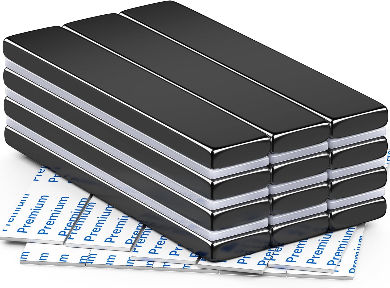 FINDMAG 12 Pack Strong Magnet, 60 x 10 x 3 mm Black Magnets Bar, Magnetic Strips, Magnets with Double-Sided Adhesive, Magnetic Bar, Permanent Powerful Fridge bar for Whiteboard, Tools, Kitchen, DIY