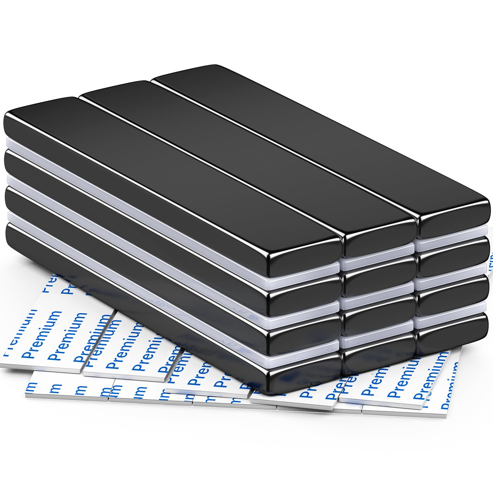 FINDMAG 12 Pack Strong Magnet, 60 x 10 x 3 mm Black Magnets Bar, Magnetic Strips, Magnets with Double-Sided Adhesive, Magnetic Bar, Permanent Powerful Fridge bar for Whiteboard, Tools, Kitchen, DIY