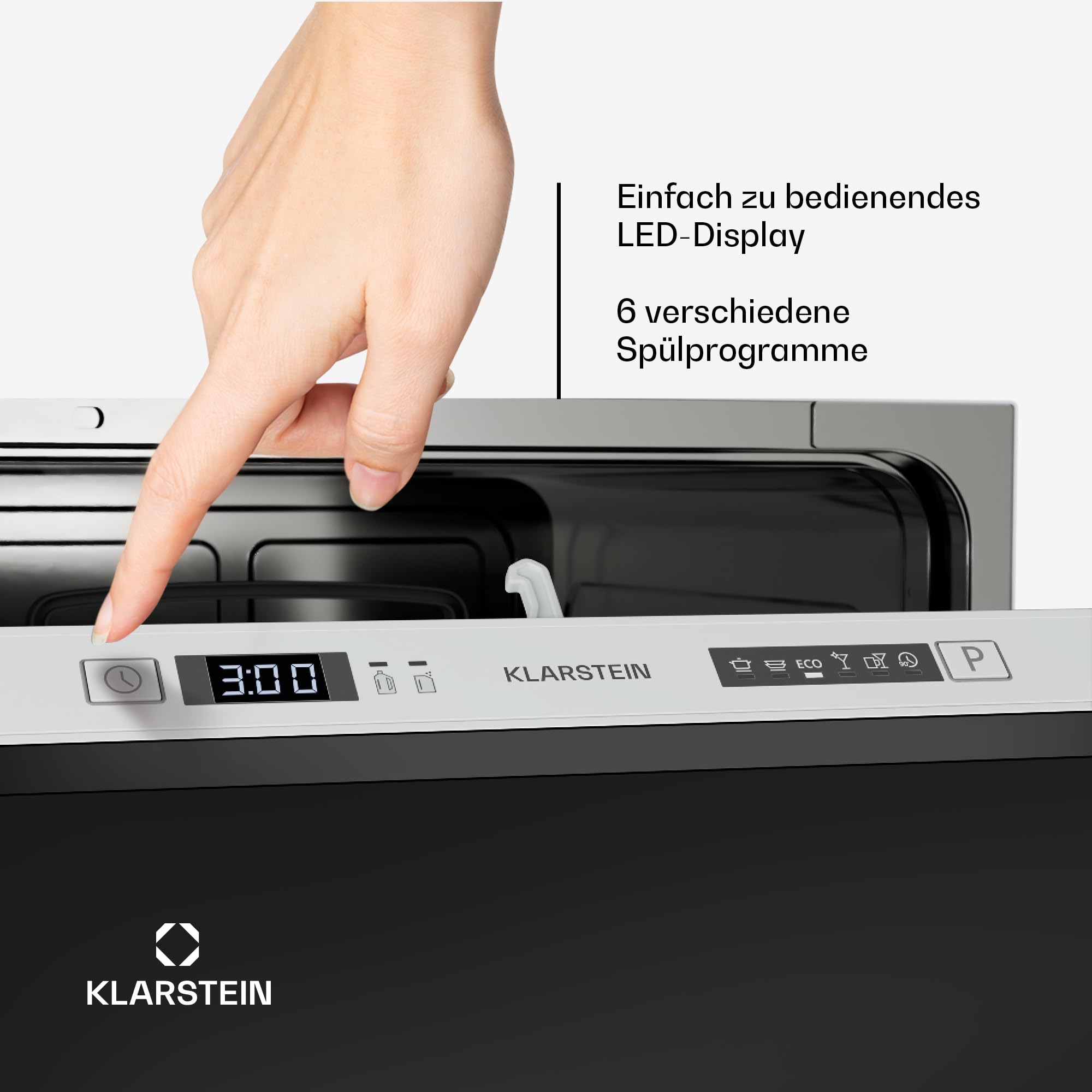 Klarstein Einbau-Geschirrspüler - Kompaktes 45-cm-Modell, 6 Gedecke, UV-Hygiene, AquaStop, Energieeffizienzklasse D, Leise 49 dB, Intuitive Bedienung