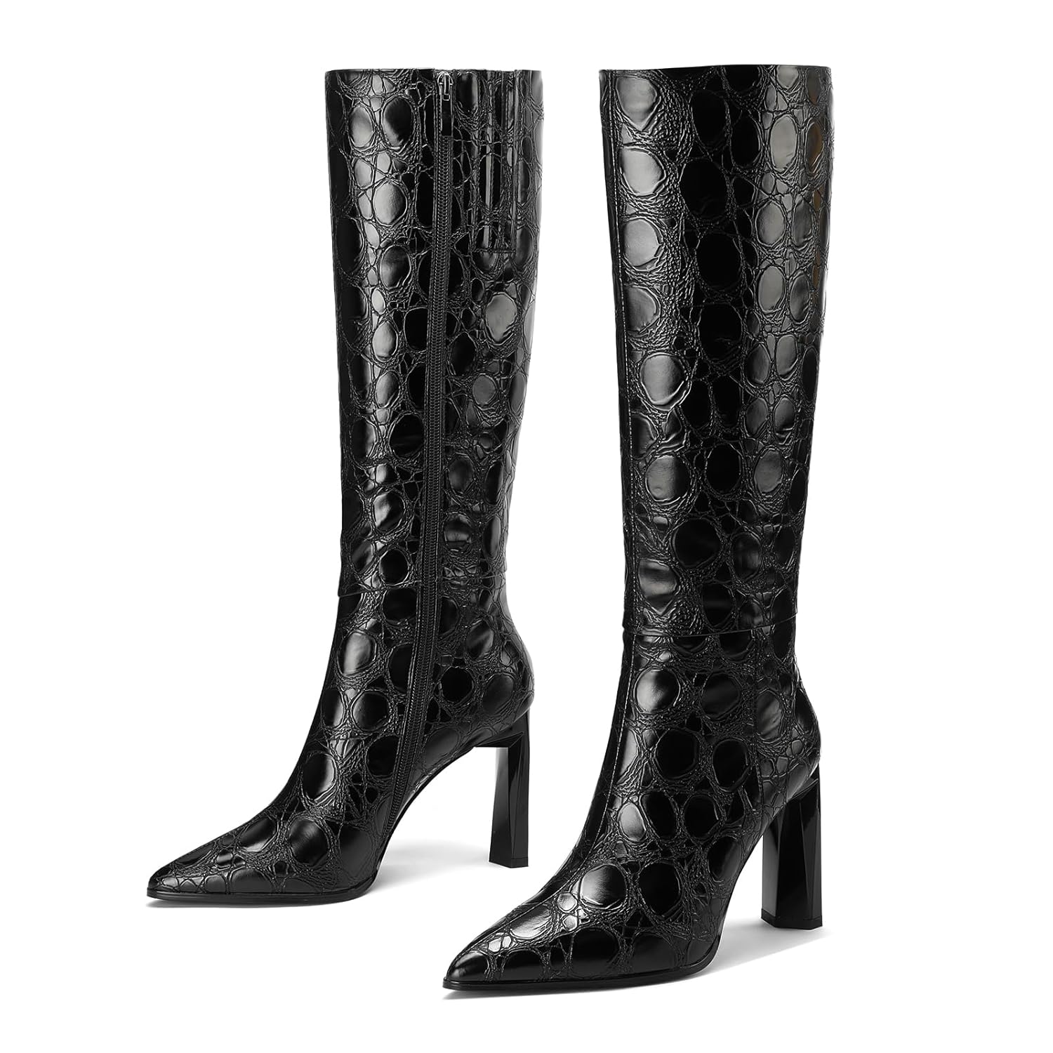 TDD Pointed Toe Boots for Women Black Knee High Heels Chunky Ladies Tall Long Faux Leather Fashion Trendy