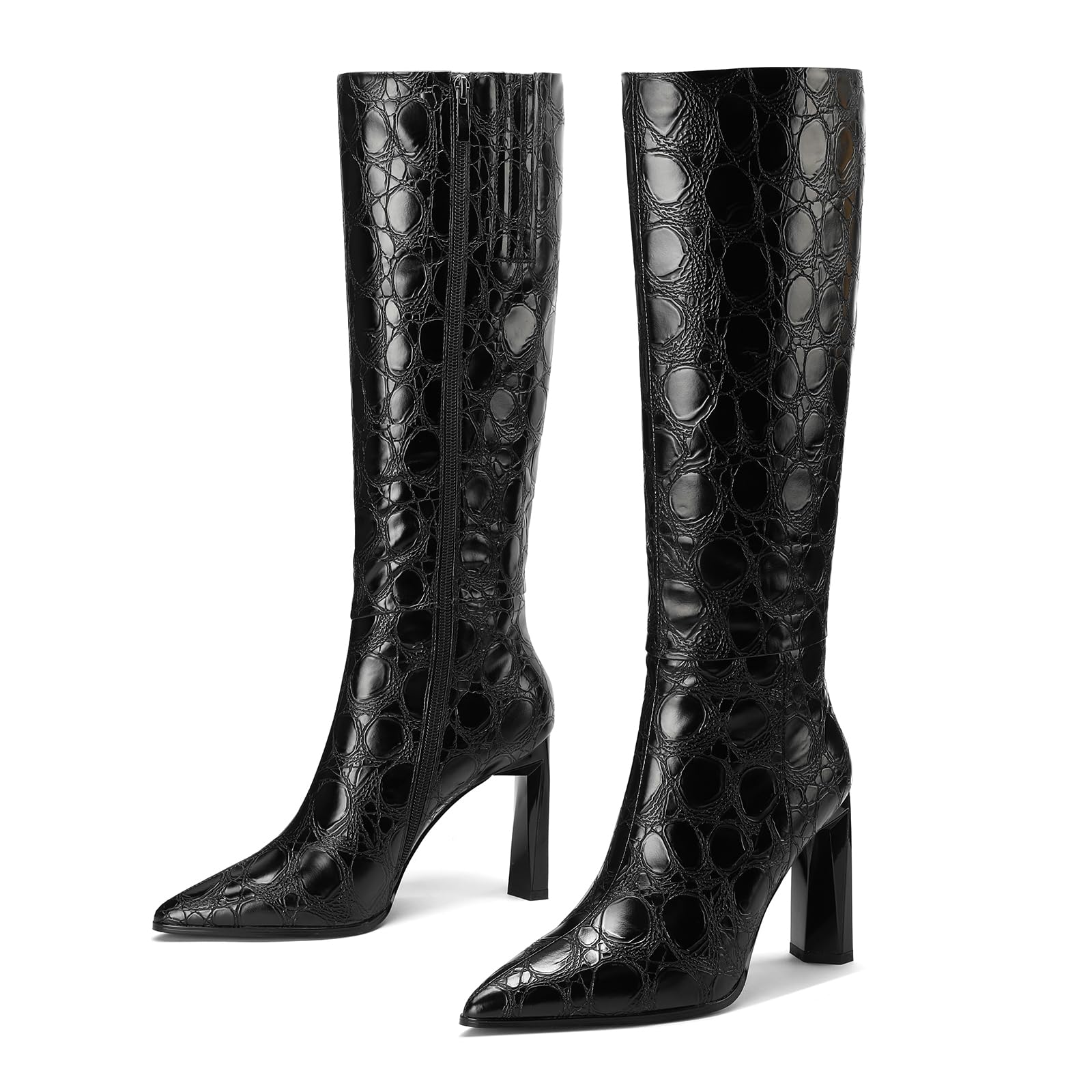 TDD Pointed Toe Boots for Women Black Knee High Heels Chunky Ladies Tall Long Faux Leather Fashion Trendy