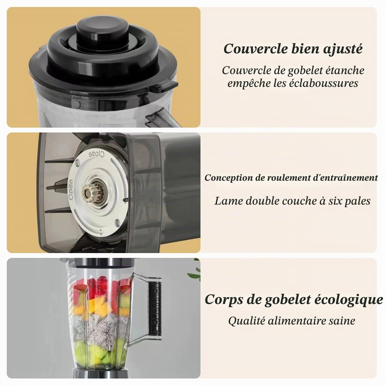 Mixeur multifonction 8-en-1, mixeur de table avec bols de 2 L et 3 L, mixeurs sur socle haute puissance, 15 vitesses, mixeur haute puissance pour smoothies, milk-shakes, glace pilée et fruits congelés