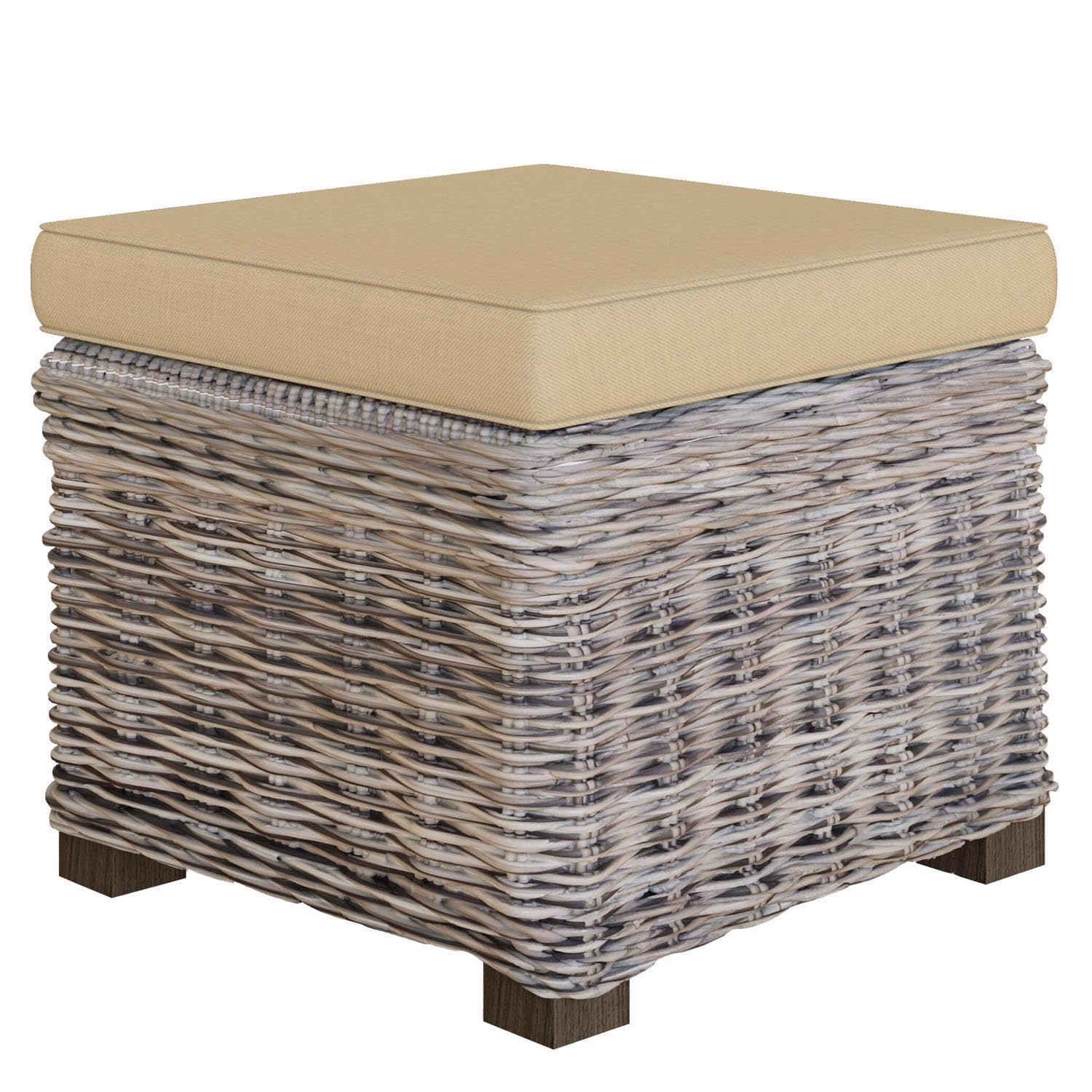 FWStyle Solid Pine Rattan Padded Storage Ottoman Stool in Brown