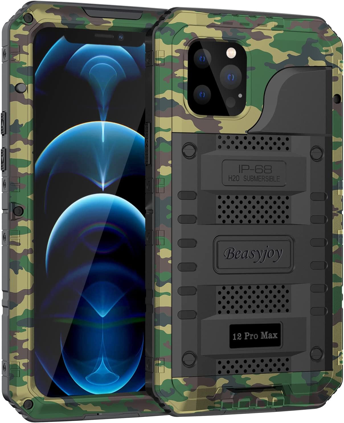 Beasyjoy Case for iPhone 12 Pro Max Waterproof, Metal Heavy Duty Case with Built in Screen Protector, Military Grade Full Body Protective Defender Rugged Phone Case 6.7 Inch(Camo)