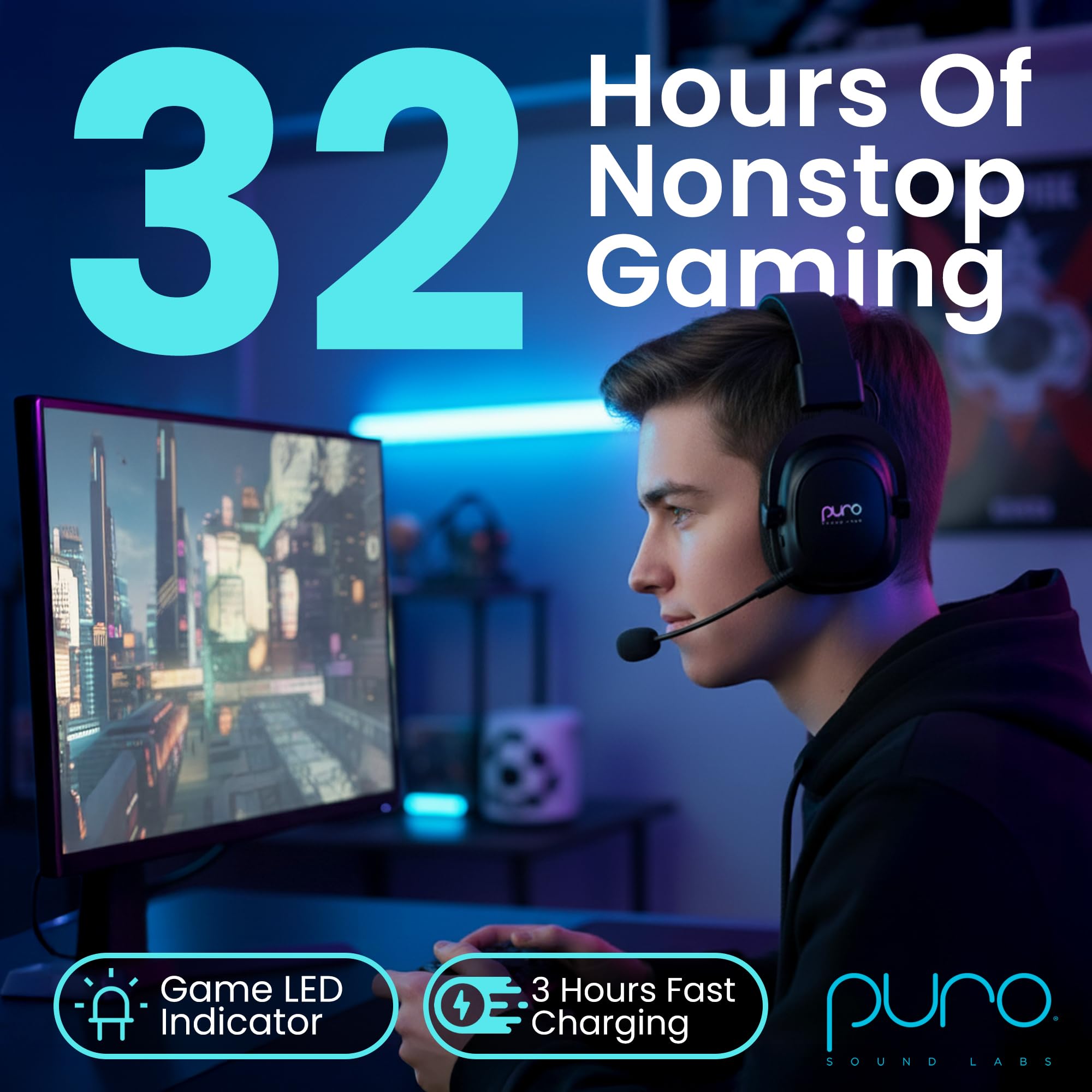Puro Sound Labs PuroGamer-BT Casque de jeu sans fil, limitation du volume 85 dB, connectivité tri-mode, microphone amovible à 360 °, autonomie de la batterie de 32 heures, faible latence, design