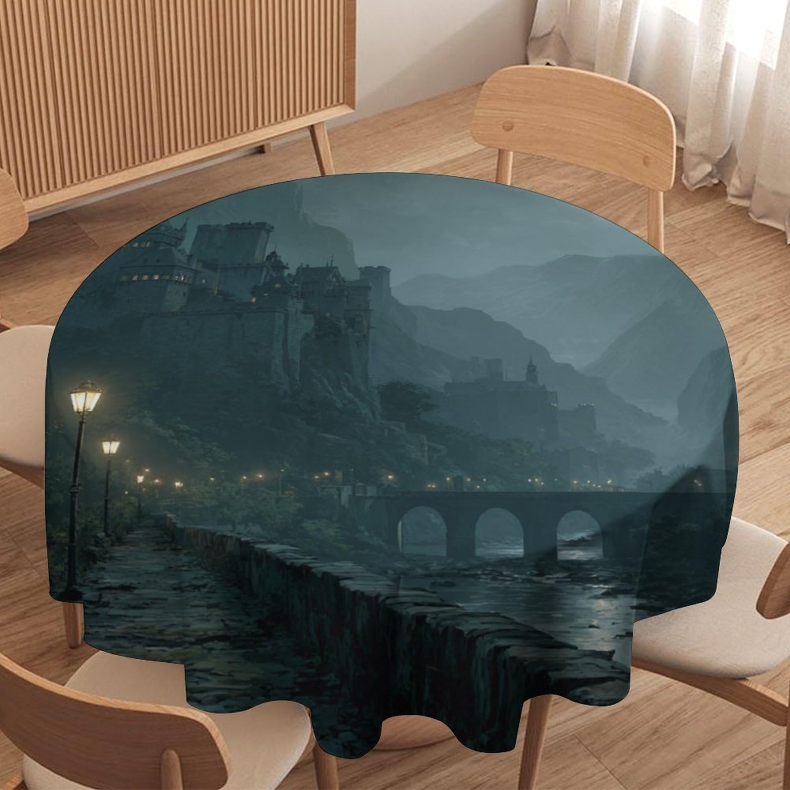 LUYYSKY Elegant Vintage Misty Castle Round Tablecloth Fantasy Mid Century Halloween Full Moon Gothic Western Castle Washable Decor for Table Cover for Kitchen-91.4" Wx91.4 L cm