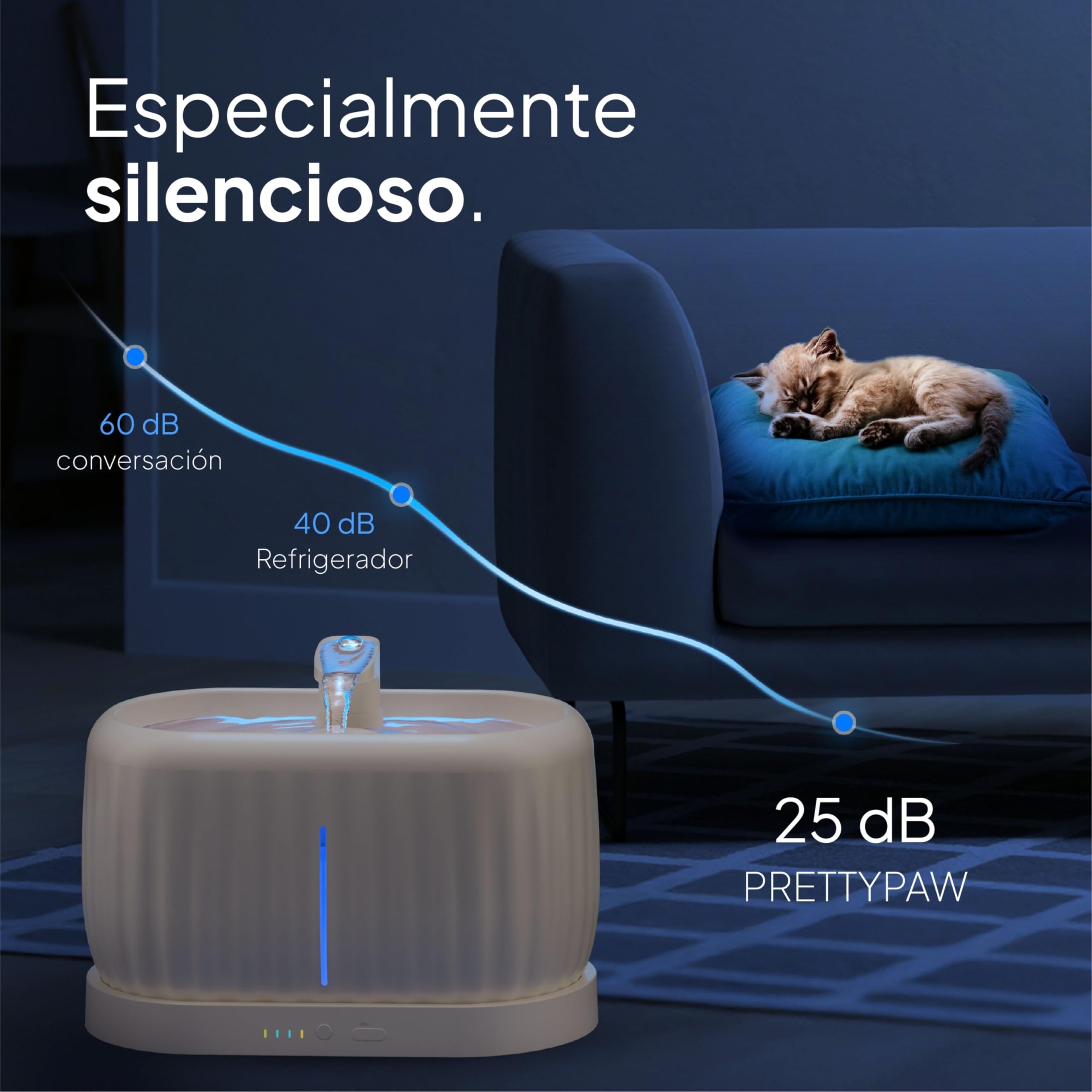 Pretty Paw Fuente de Agua para Gatos Inalámbrica 3L con Sensor de Movimiento - Batería Recargable USB, Bomba Silenciosa, Filtro Integrado - Pure Flow MAX (Beige)