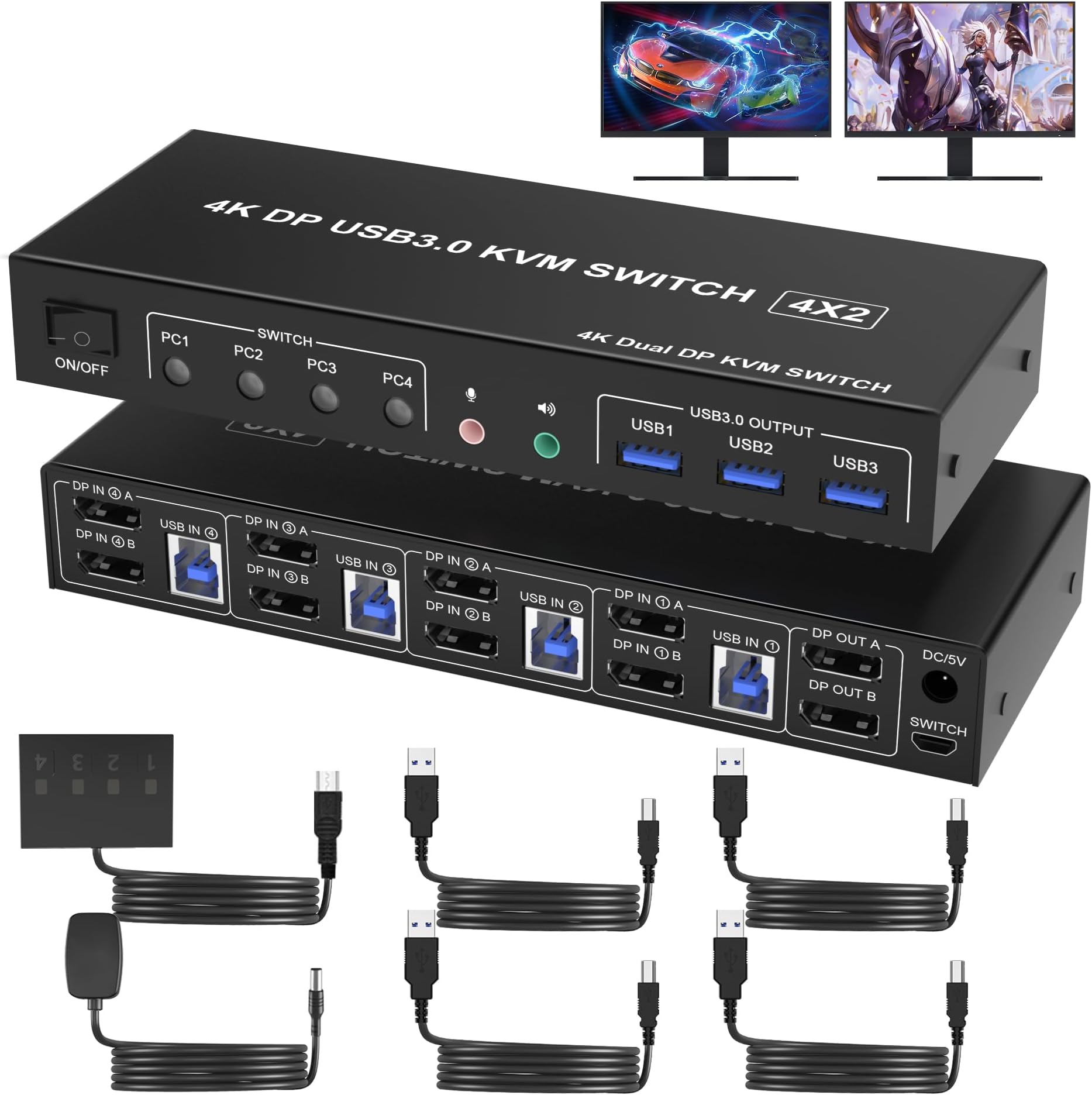 USB 3.0 KVM Switch 2 Monitors 4 Computers Displayport 4K 60Hz, Dual