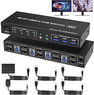 USB 3.0 KVM Switch 2 Monitors 4 Computers Displayport 4K 60Hz, Dual Monitor Displayport KVM Switch 4 Port with Audio Microphone Output and 3 USB 3.0 Ports, DP Monitor Switch for 4 PCs 2 Monitors