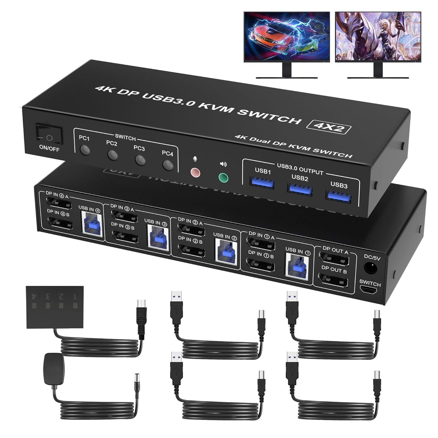 USB 3.0 KVM Switch 2 Monitors 4 Computers Displayport 4K 60Hz, Dual ...