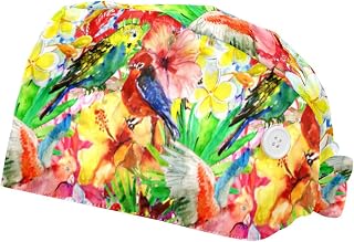 Summer Birds and Flowers 2 Pack Adjustable Working Cap with Buttons Elastic Bouffant Hats Head Scarf with Sweatband for Women Men