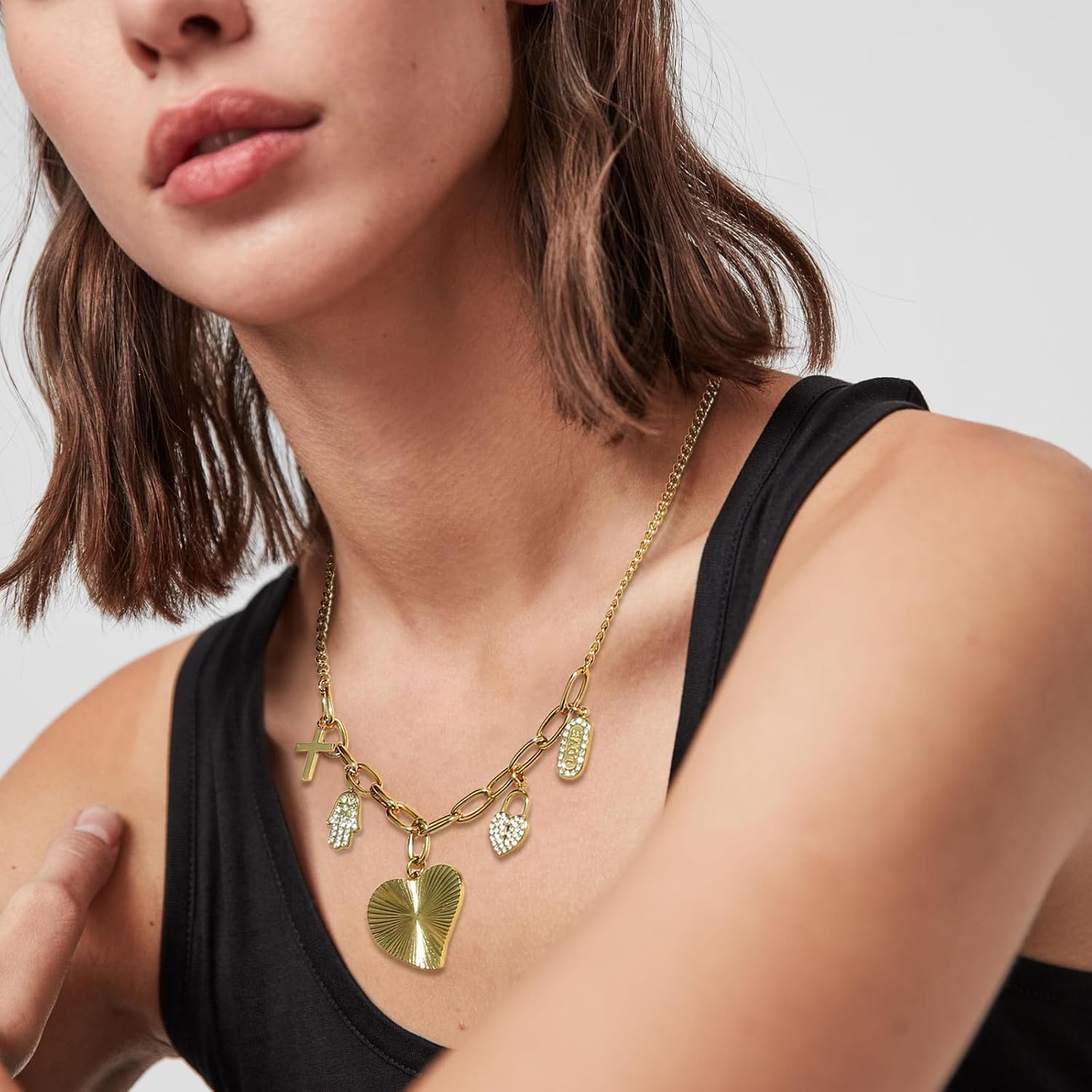 Gold Charm Necklace for Women Paperclip Chunky Heart Cross Tag Pave Lock Hamsa Pendant Necklaces Statement Gold Plated Choker Jewelry Gift - Image 3