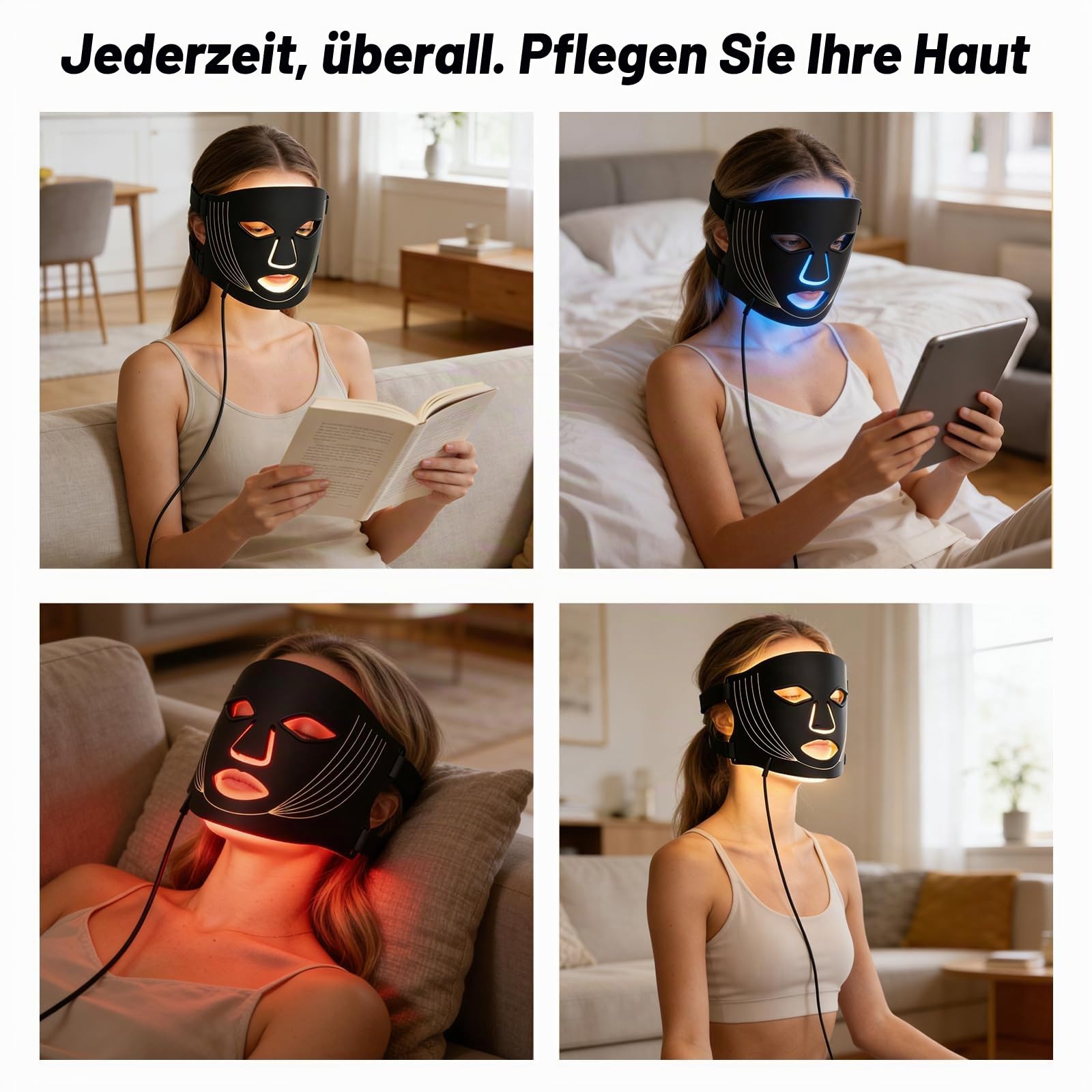 Wiederaufladbare LED Maske Gesicht，Lichttherapie Maske für den Heimgebrauch | 7 Lichtmodi | 5 Helligkeitsstufen | Flexibles Silikonmaterial | Augenschutz Design | Hautpflege