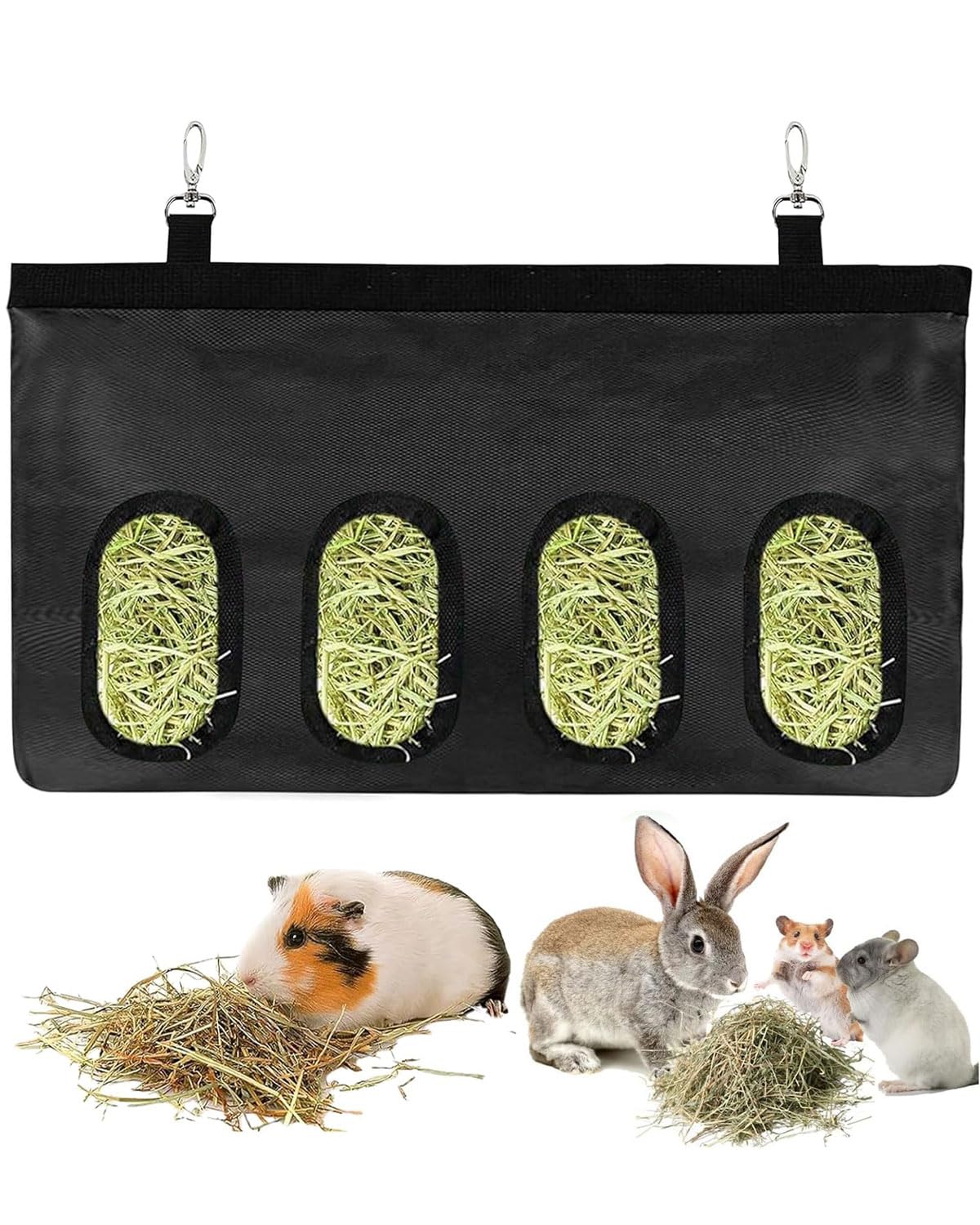 Sac de foin pour lapin, sac de foin, sac d'alimentation pour foin, sac de foin pour petits animaux, mangeoire suspendue pour foin avec 4 fenêtres pour petits animaux, noir