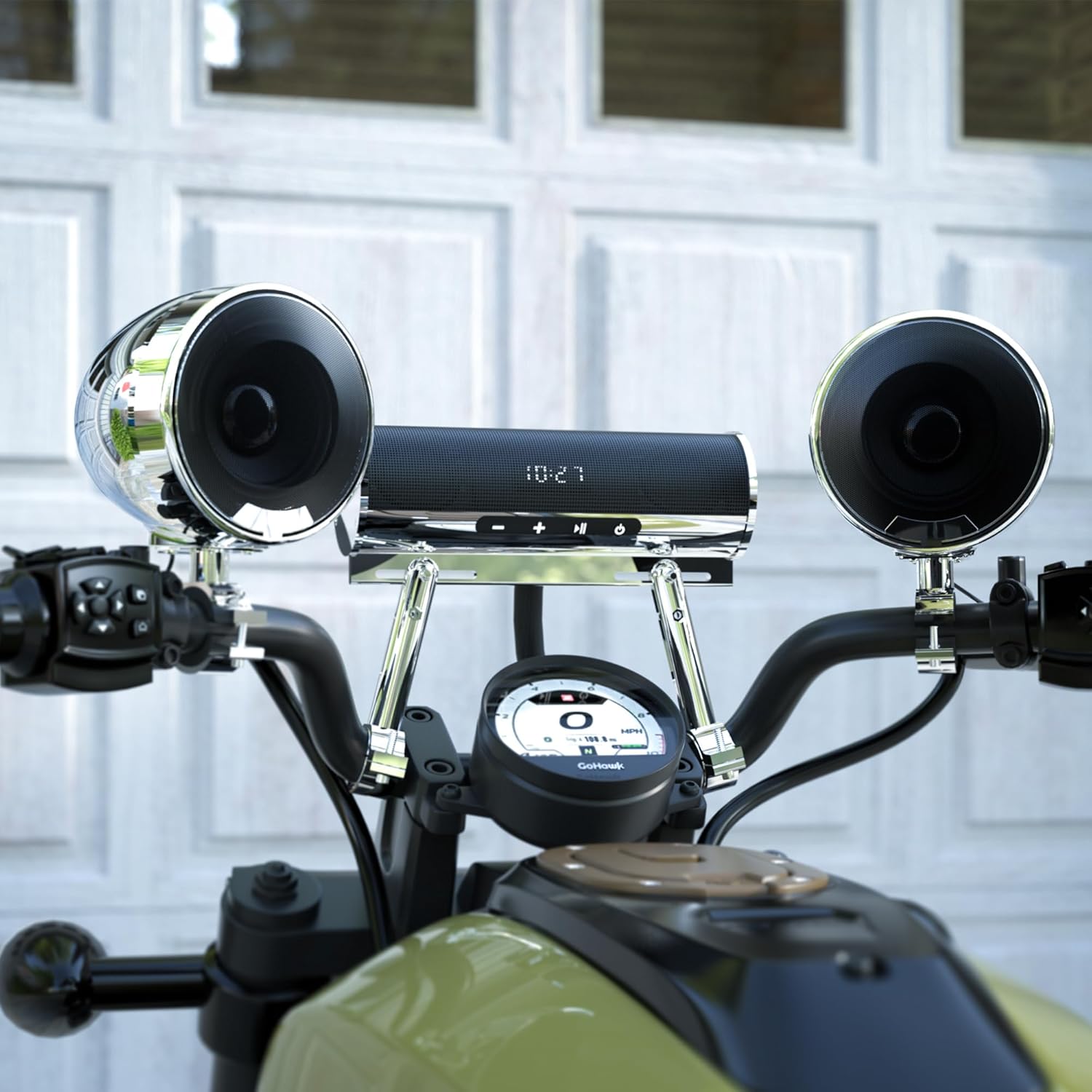 Diagram showing the dimensions of the GoHawk RD8-X45 soundbar (8.5 inches L x 2.75 inches D x 3.5 inches H with bracket) and the external slave speakers (4.5 inches W x 5.5 inches L with bracket), along with mounting clamp dimensions.