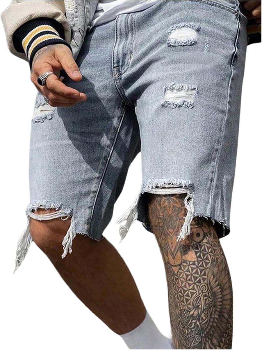 SOLY HUX Men's Ripped Jean Shorts Distressed Summer Denim Shorts | Streetwear, Straight Leg