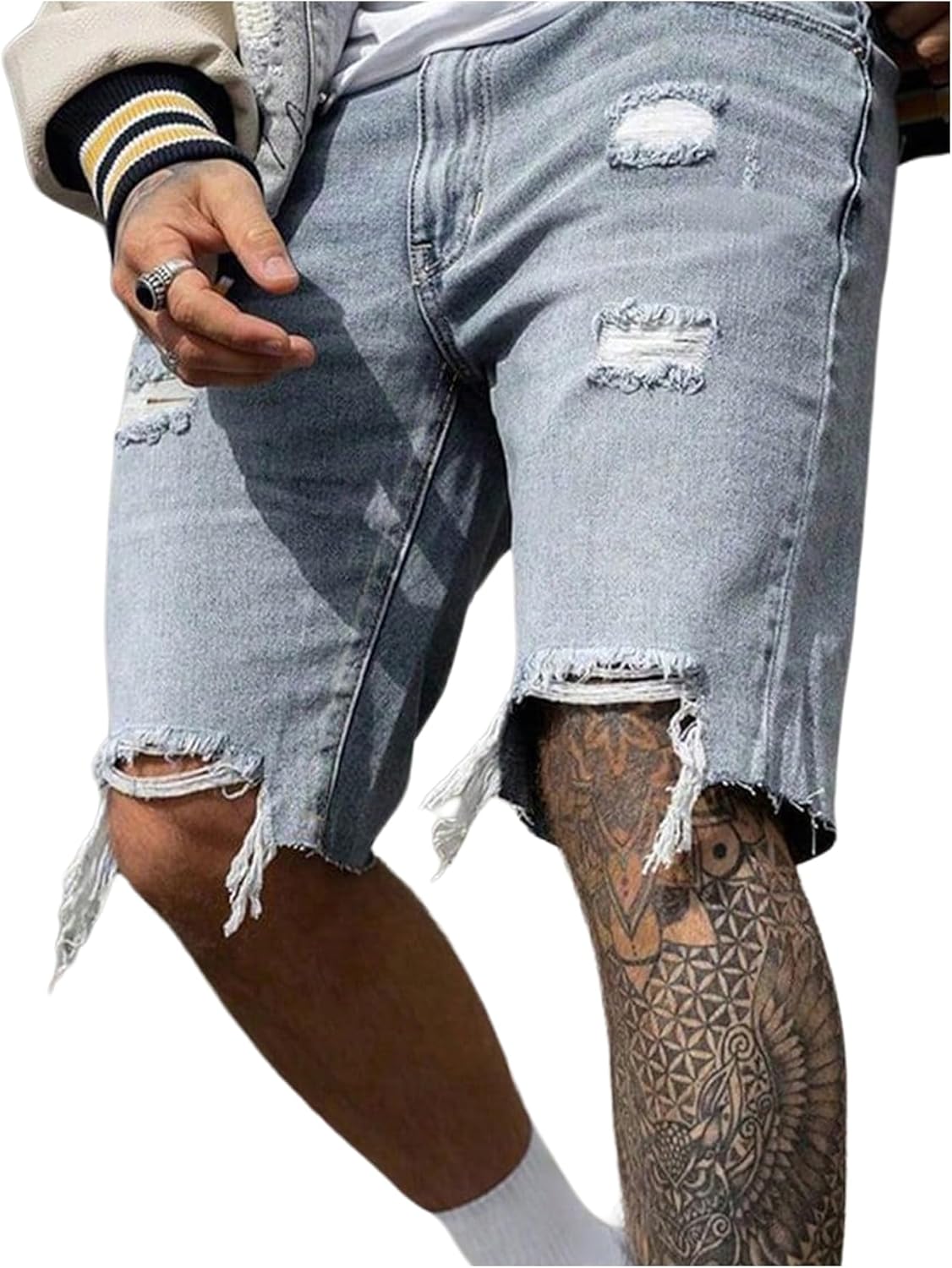 SOLY HUX Men's Ripped Jean Shorts Streetwear Distressed Straight Leg Summer Denim Shorts