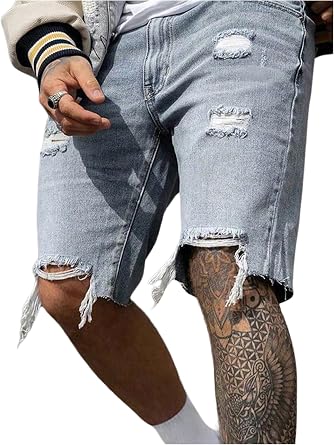 SOLY HUX Mens Ripped Jean Shorts Streetwear Distressed Straight Leg Summer Denim Shorts