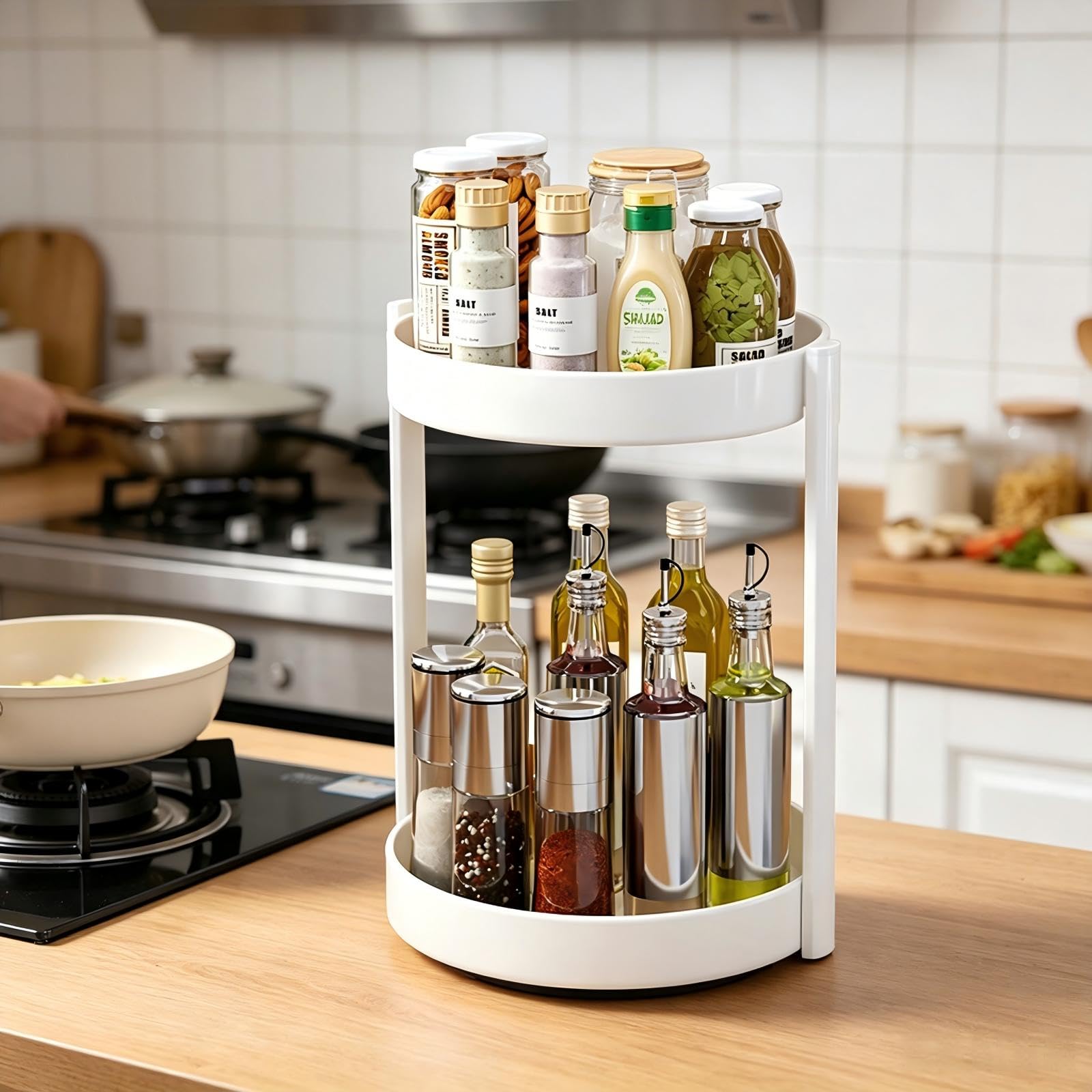 Porta Spezie per Cucina Organizer Girevole in Metallo Piatto Girevole Portaspezie 2 Livelli Organizer Sottolavello Deposito per il Bagno (Nero, 2Tiers)