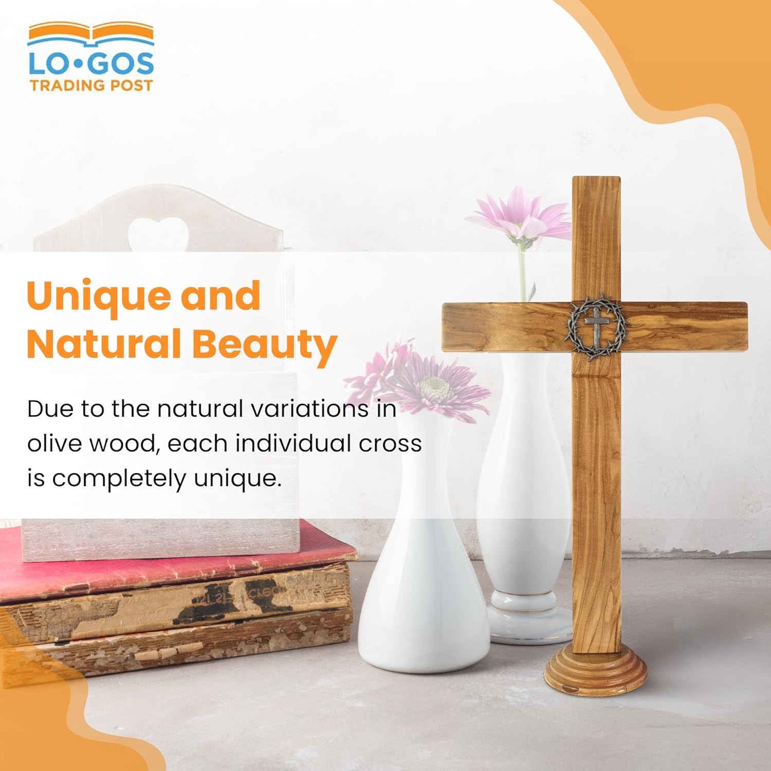 19” Wooden Wall Cross – Genuine Harvested Olive Wood Cross for Wall from the Holy Land – Timeless Wooden Cross Wall Decor w/ Sculpted Metal Crown of Thorns – Unique Decorative Cross for All Décor