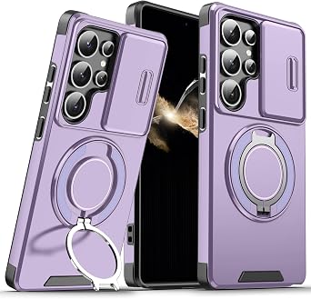 for Samsung Galaxy S25 Ultra Case,with Slide Camera Lens Cover+Finger Ring Holder Kickstand,Heavy Duty Shockproof Military Grade Protective Phone Case Purple