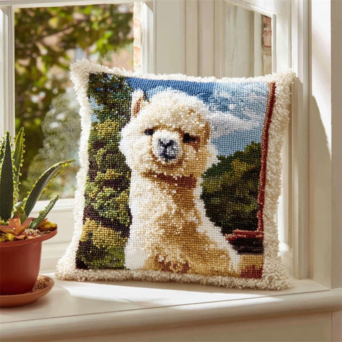Kitquiver Animal Latch Hook Cushion Kits Cartoon Alpaca DIY Latch Hook Rug Kit for Beginners Embroidery Cushion Canvasfor Adult Beginners 17x17In