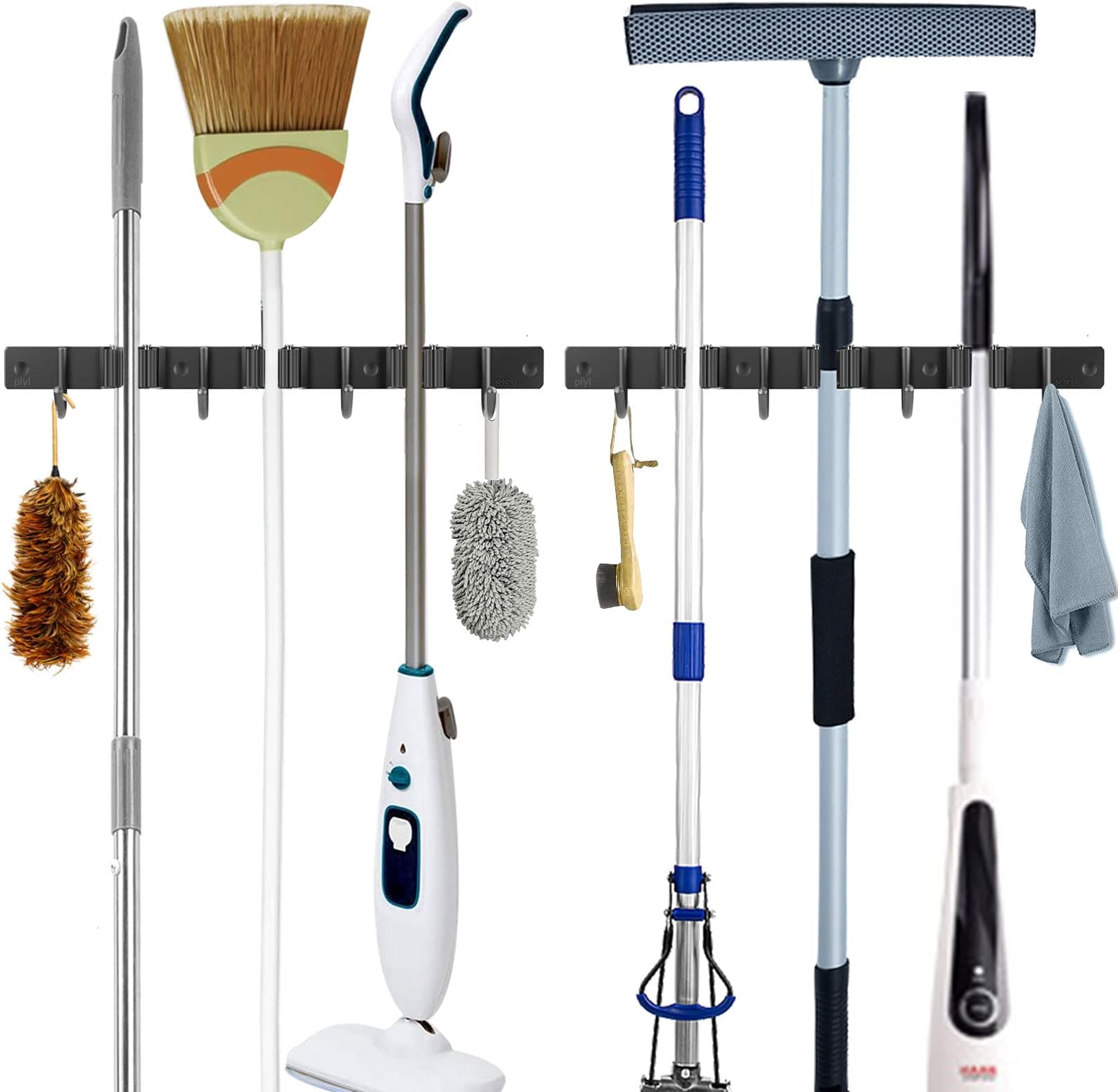 Piyl Broom Mop Holder Wall Mount Broom Hanger Wall Mounted Metal Organization Garage Storage Garden Kitchen Tool Organizer With 3 Racks and 4 Hooks (Black, 2 Pack 3R4H)