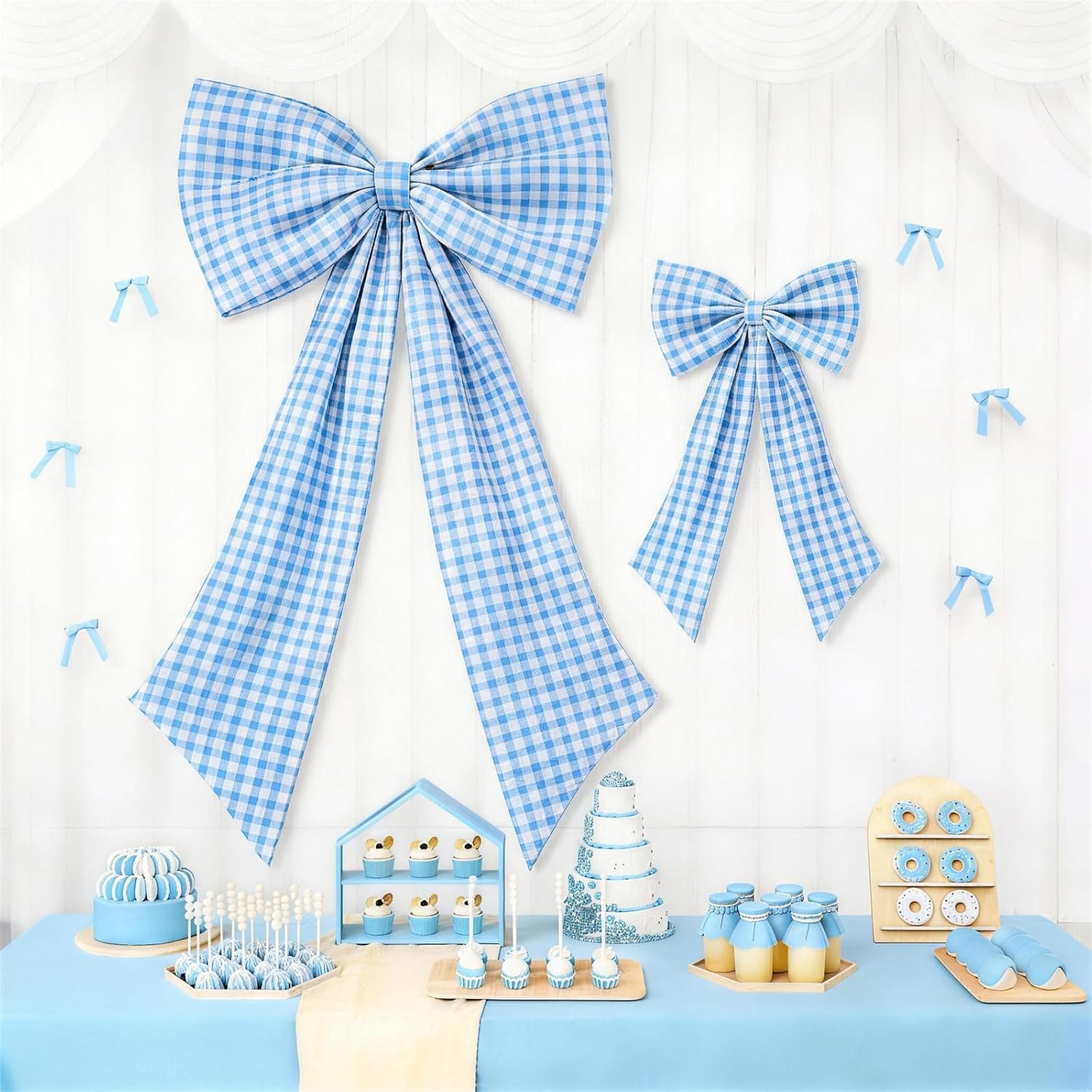 Blue Checkered Bow Decor 2 Pack,Large & Small Blue and White Coquette Room Backdrop Wall Decor for Women Girls Birthday One Silly Goose Baby Shower Bridal Engagement Wedding Party Decorations