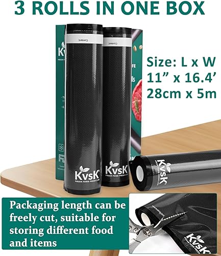 Miniatura 4 de Paquete de 3 rollos de sellado al vacío, 11 x 16.4 pies, color negro, transparente, almacenamiento de alimentos, 3.6 mil+10 mil de grosor, grado
