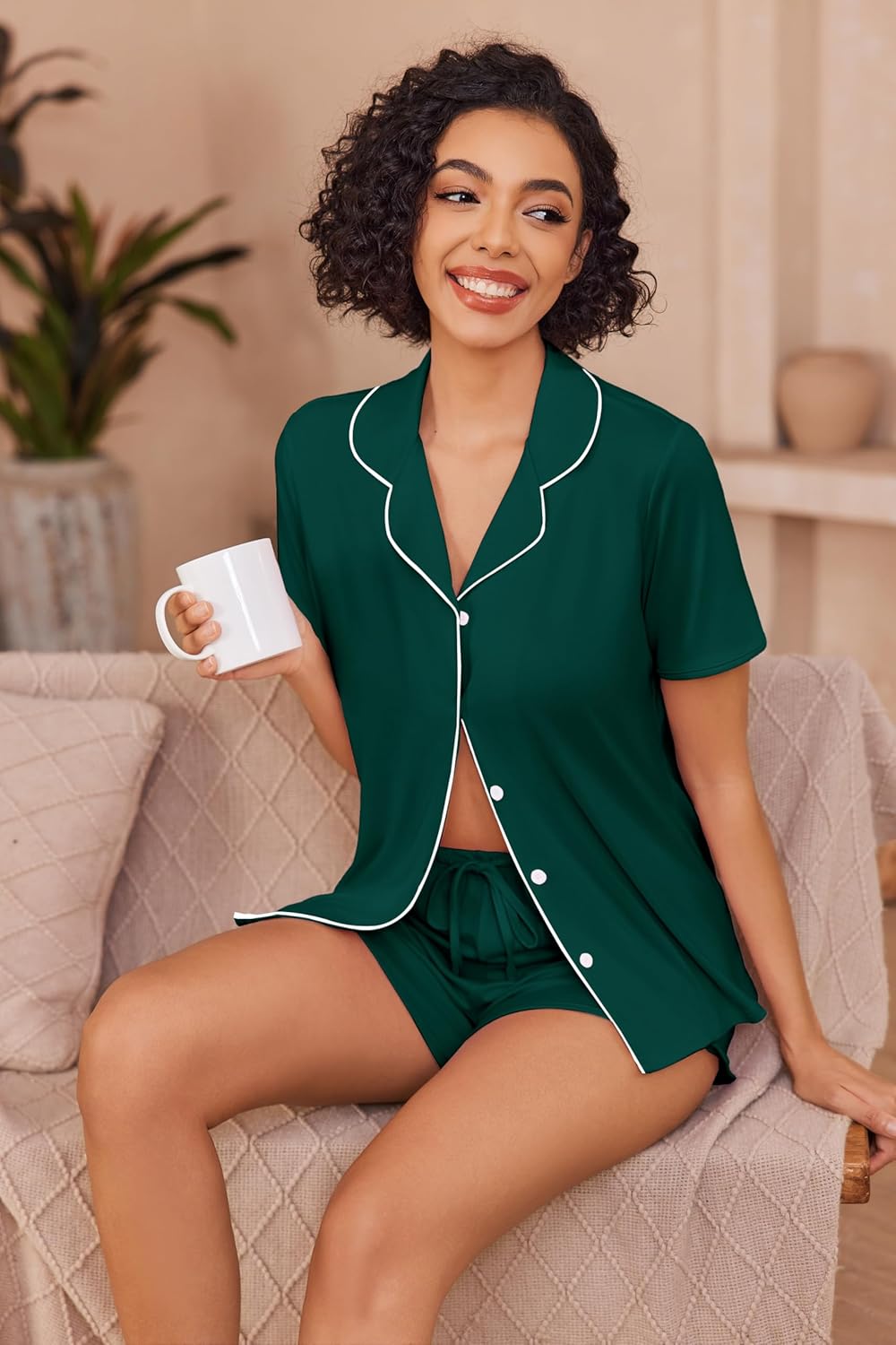 Ekouaer Pajamas for Women Set Button Up Sleepwear 2 Piece Pjs Lounge Set Short Sleeve Nightwear - Image 2