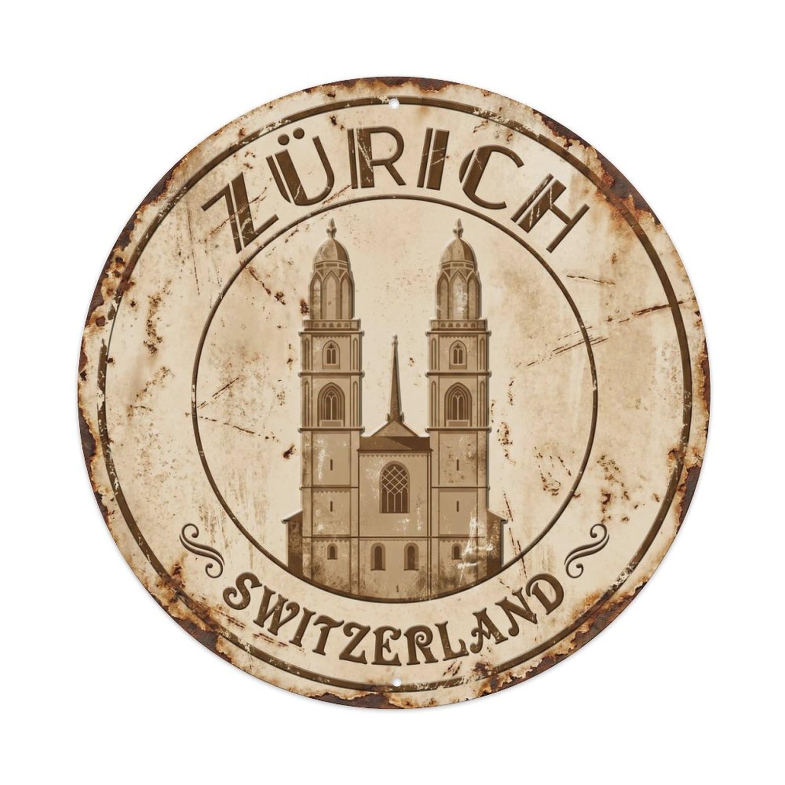 Cmhok Vintage Style-16 Vintage Travel Zurich Switzerland Artwork Metal Tin Sign Plaque Wall Decor For Cafe, Club, Garden Round Metal Poster 8X8inch
