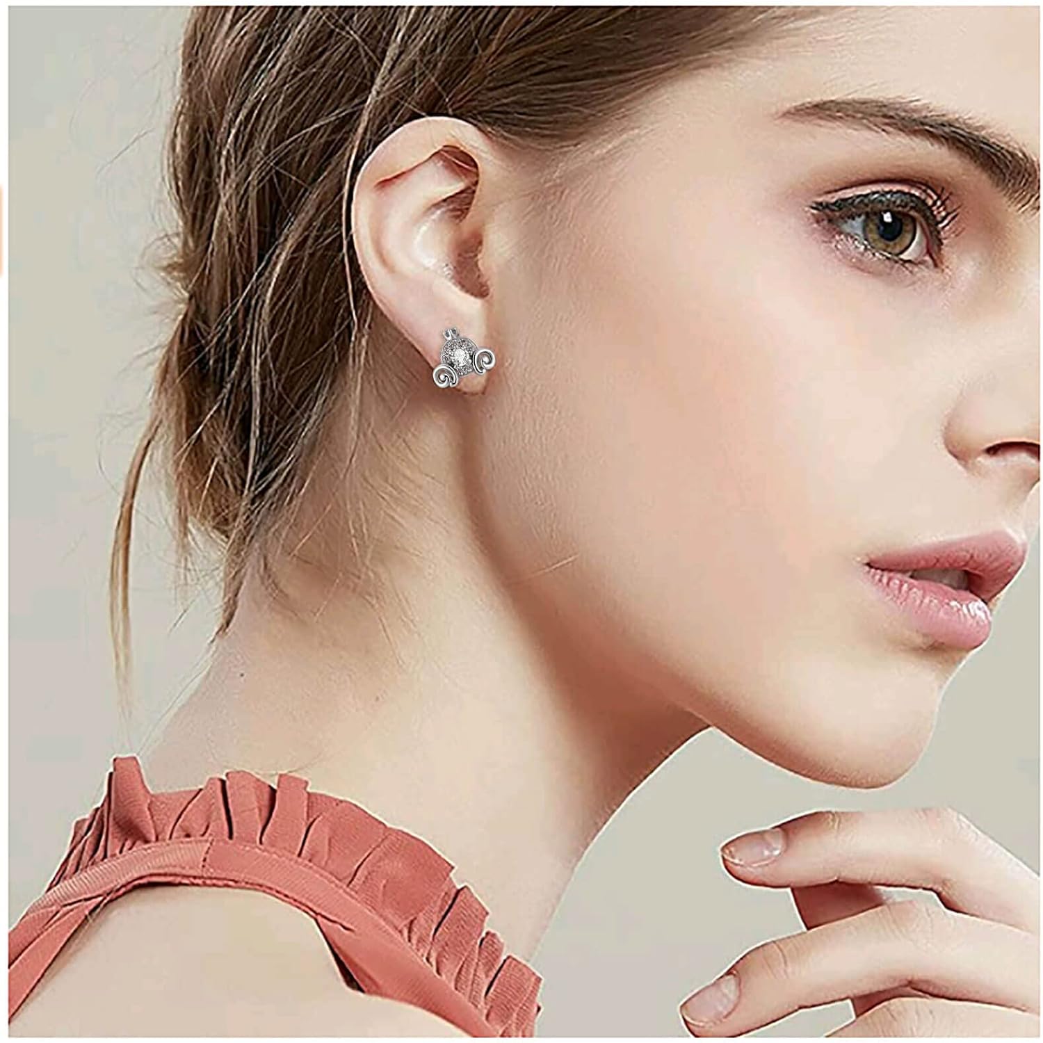 Pumpkin Carriage Earring 925 Sterling Silver Lucky Princess Cinderella Jewelry Gift (White)