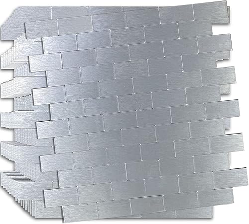 XUANINY 10 láminas de azulejos metálicos despegables y adhesivos para salpicadero, autoadhesivos de aluminio cepillado estilo subway, pegatina de