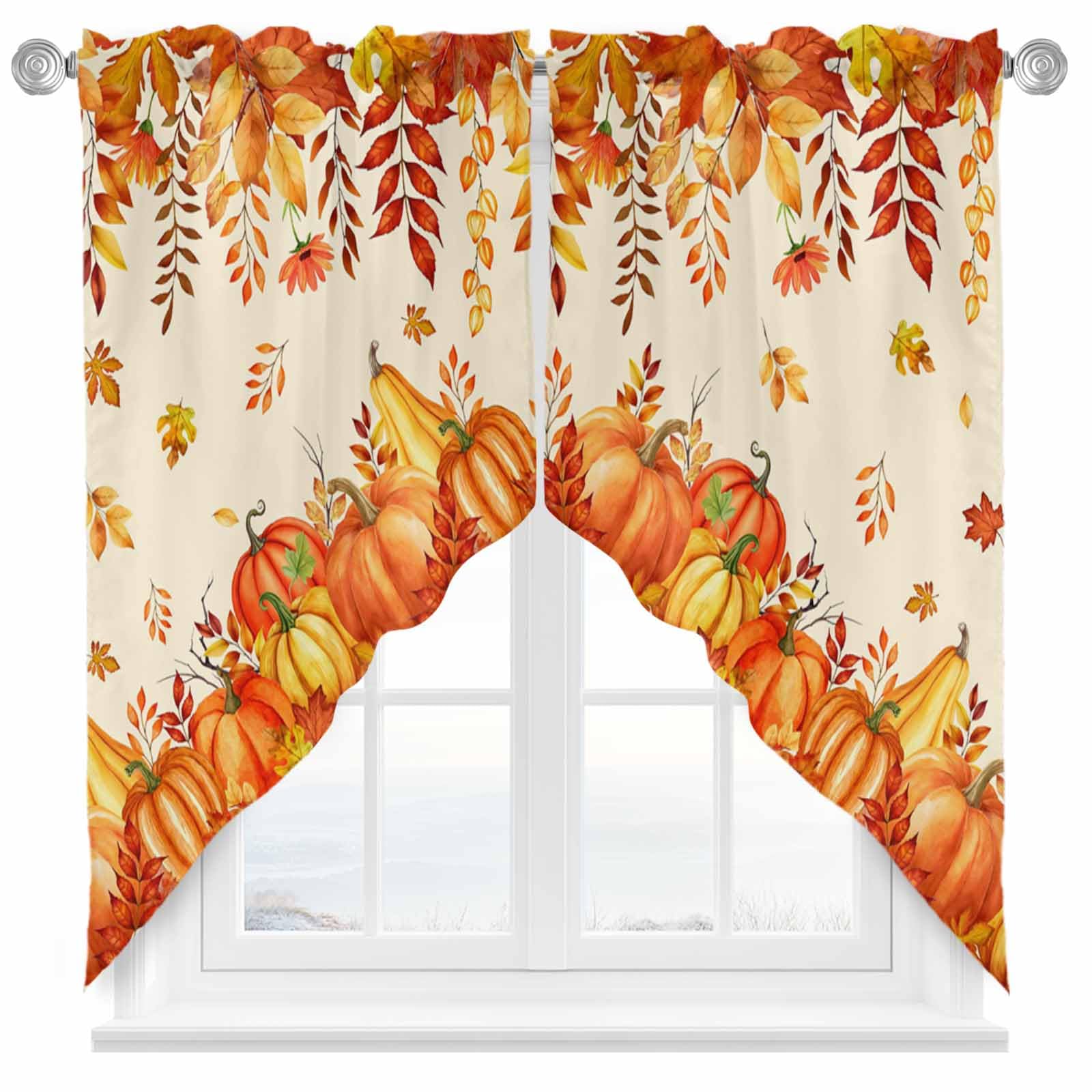 BEMIGO Fall Valances for Windows Thanksgiving Kitchen Window Curtains Over Sink, Orange Pumpkin Maple Leaf Rod Pocket Swag Curtains Valance,2 Panels,36 Inches Length