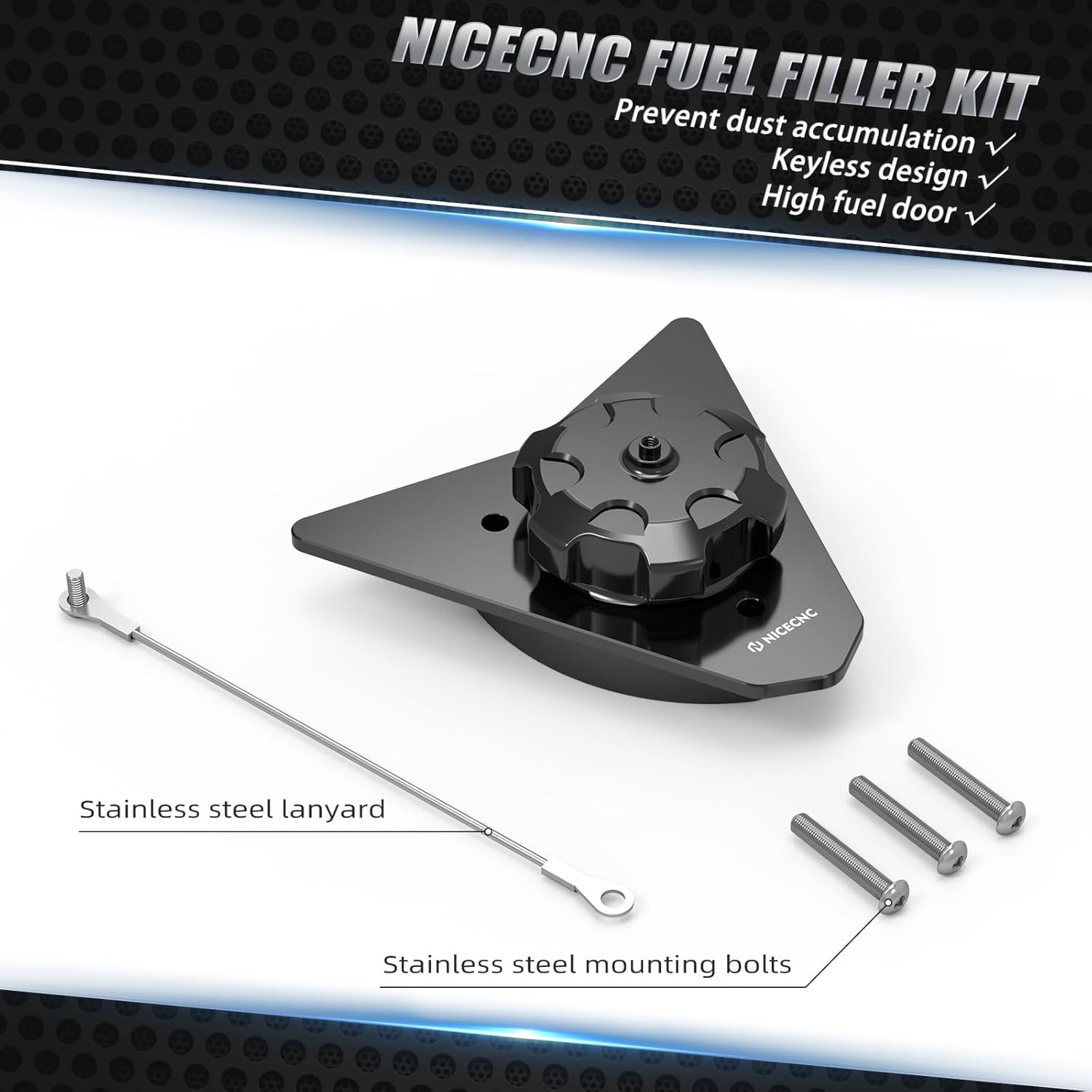 NICECNC Fuel Filler Keyless Fuel Door Fuel Neck Cap Cover Compatible with 690 Enduro/R & SMC/R 2008 2009 2010 2011 2012 2013 2014 2015 2016 2017 2018, with Stainless Steel Tethering Lanyard, Black