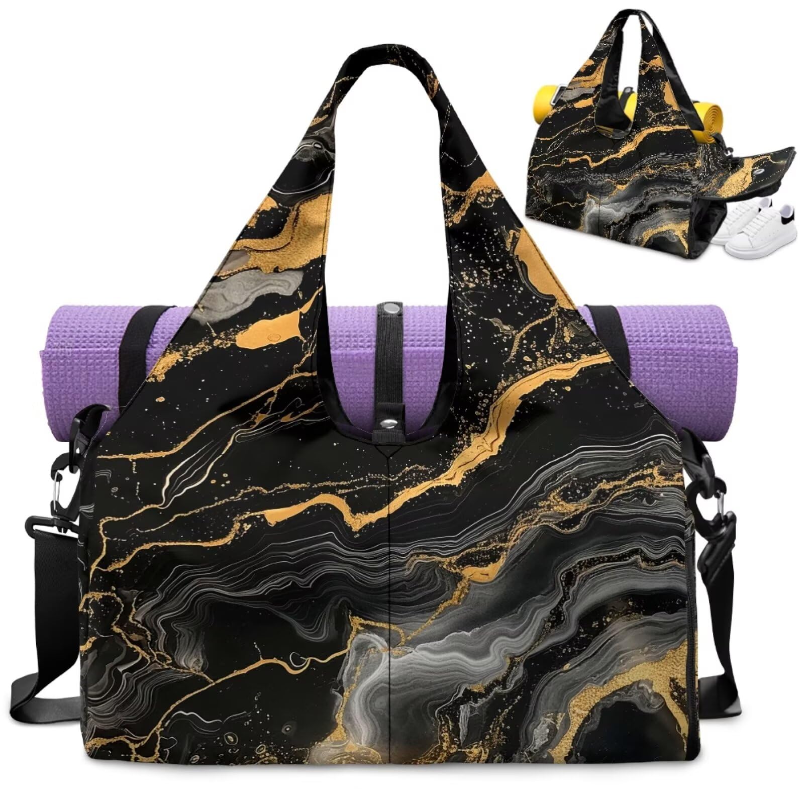 Dngkaoje Black Gold Marble Large Gym Bag with Yoga Mat Holder and Shoe Compartment Black Marble Print Gym Duffle Bag for Women Men Yoga Bags and Carriers Fits All Your Stuff Pilates Shoulder Tote Bag