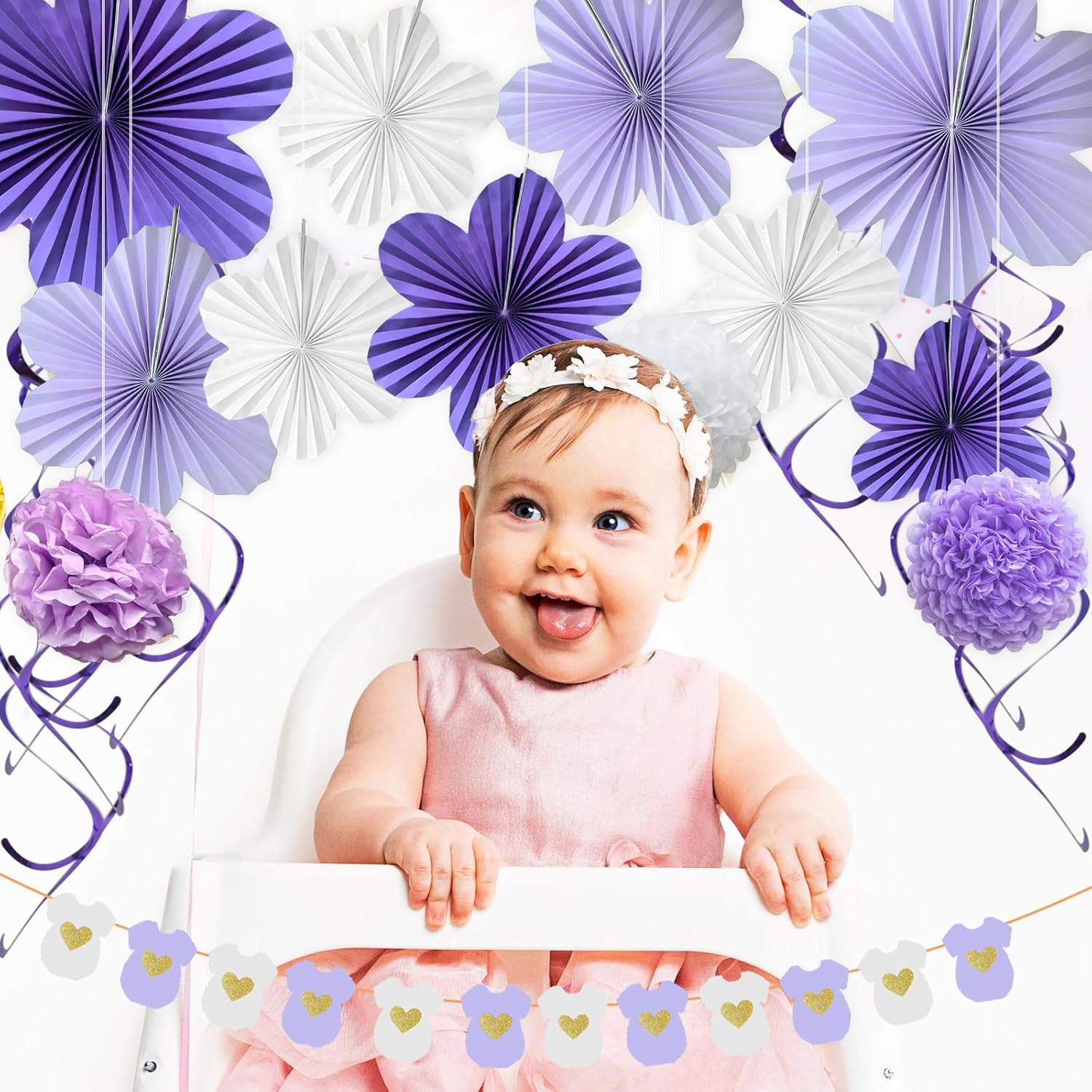 Purple Party Decorations Lavender White Tissue Paper Pom Poms Hanging Flower Fans Baby Shower Gender Reveal Kids Purple Birthday Decorations(21Pcs)