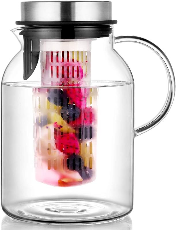 Jarra de agua de vidrio, jarra infusora de frutas con tapa extraíble, jarra de infusión de alta resistencia al calor para agua fría/caliente, bebidas con sabor y té helado - 2 cuartos