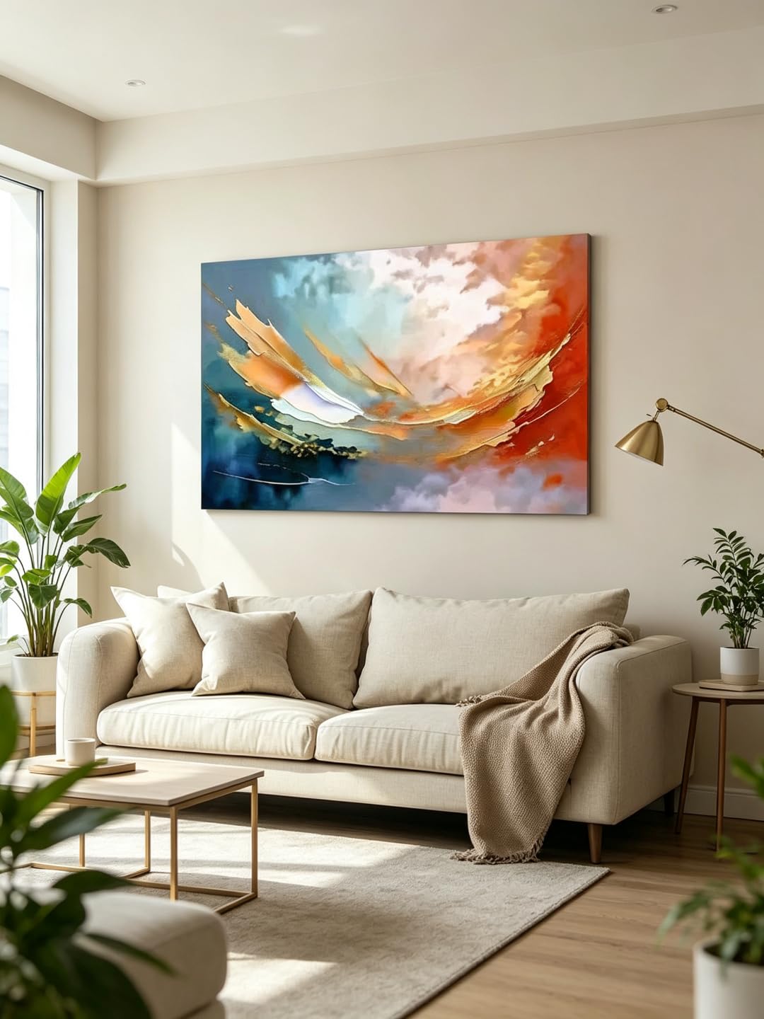 Eplkjhrtu Frameless Modern Abstract Wall Art Vibrant Simple And Stylish Blue Orange Pink Swirls Canvas Prints Design For Living Room Home(65X130cm/Frameless)
