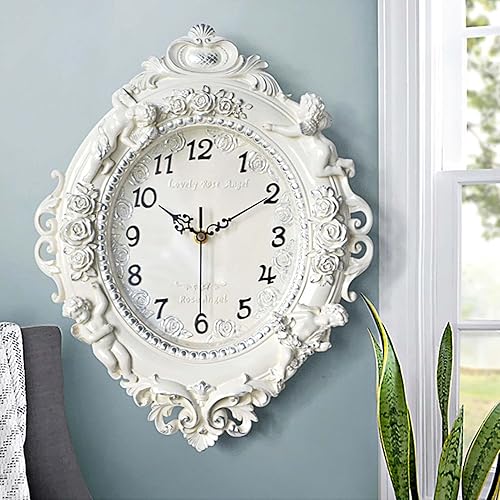 Miniatura 10 de Reloj de pared rústico, estilo europeo, de resina, funciona con pilas, con patrón de ángel y rosa en relieve para sala de estar, decoración de pared