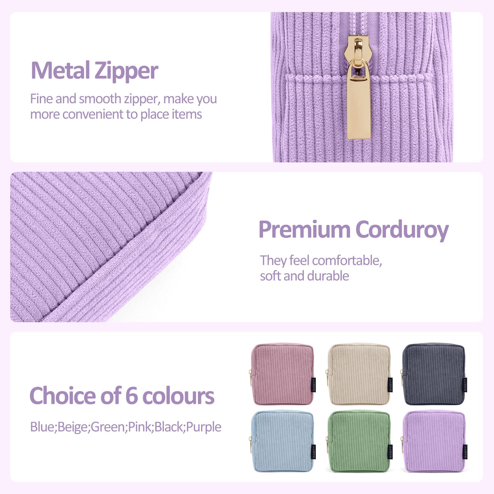 MAGEFY Small Make Up Bag for Women Corduroy Cosmetic Bag with Compartments Mini Pouch Purse with Zipper (Purple) - Image 4